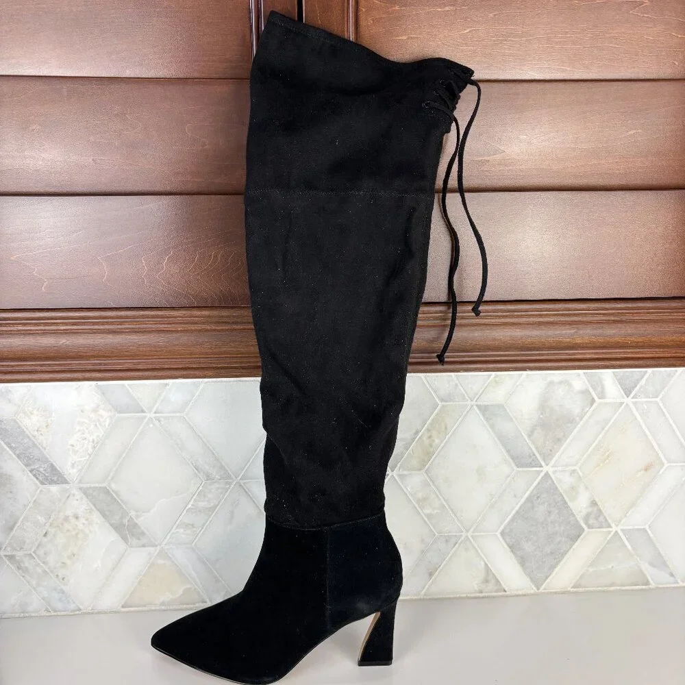 8 Suede Knee High Tall Boot Curvy Heel Pointed Toe Leather Suede Tie Taplana